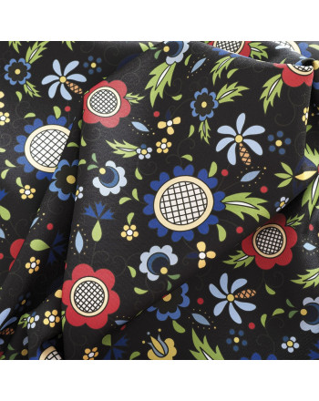 Czarna tkanina wodoodporna na obrus, lub zasłony tarasowe, z kolorowym nadrukiem, szerokość 160 cm, Kasbi - sprzedawana na metry