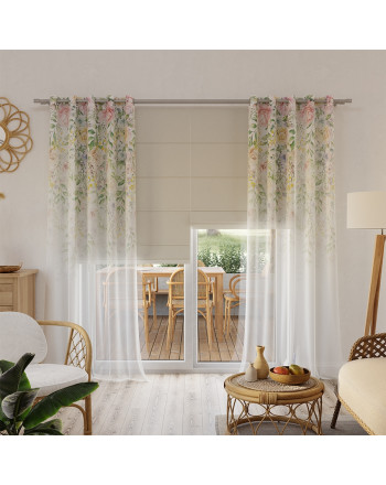Biała firanka z woalu z nadrukiem kwiatów od góry, z ołowianką, wysokość 315 cm, Wiosenny ogród - sprzedawana na metry