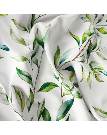 Tkanina zasłonowa typu blackout,  kolor biały z zielonym nadrukiem, szerokość 145 cm, Liście - sprzedawana na metry