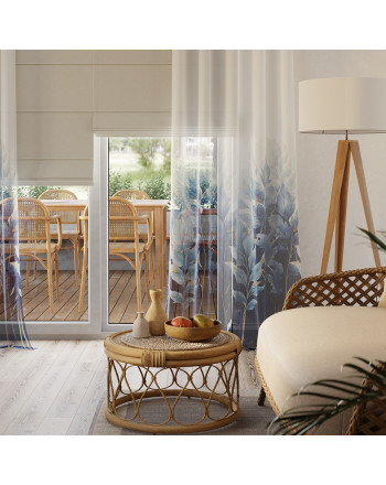 Firanka z woalu z nadrukiem roślinnym biegnącym od dołu, z ołowianką, wysokość 315 cm, Indigo - sprzedawana na metry