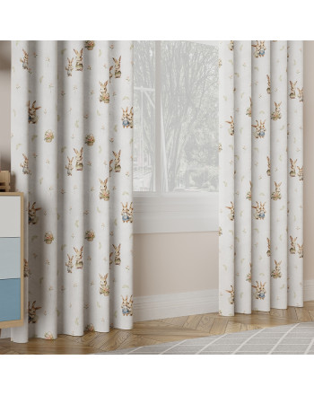 Biała zasłona welurowa do pokoju dziecka, uszyta na przelotkach, kolor biały w króliczki - szyta na wymiar