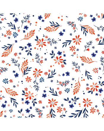 Tkanina wodoodporna biała z nadrukiem kwiatowym w tonacji granatowo-czerwonej, szerokość 145 cm, Wiosenne kwiatuszki - sprzedawana na metry