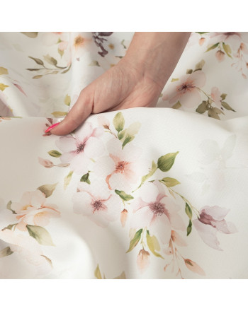 Wodoodporna tkanina na obrusy lub zasłony, biała z nadrukiem kwiatowym, szerokość 160 cm, Alesia - sprzedawana na metry