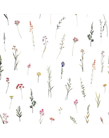 Welurowy materiał na zasłony, kolor biały z nadrukiem polnych kwiatów,  szerokość 150 cm, Ingrid - sprzedawany na metry