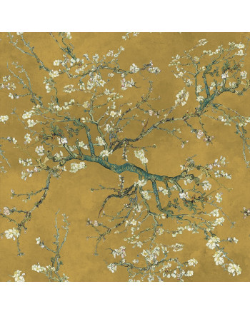 Welwetowy materiał na zasłony, drukowany w odcieniu szafranowym, szerokość 150 cm, Kwitnący migdałowiec - sprzedawany na metry