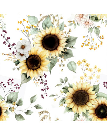 Wodoodporny materiał na obrusy lub zasłony, biały z kolorowym nadrukiem, szerokość 160 cm, Słoneczniki - sprzedawana na metry
