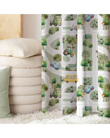 Zasłona do pokoju dziecięcego na taśmie, Ulice z autami kolor szałwiowy - szyta na wymiar