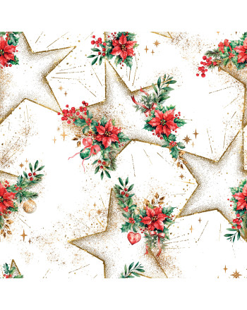 Wodoodporny materiał dekoracyjny w bieli i złocie z motywem Gwiazdy Betlejemskiej i gwiazdek, szerokość 160 cm