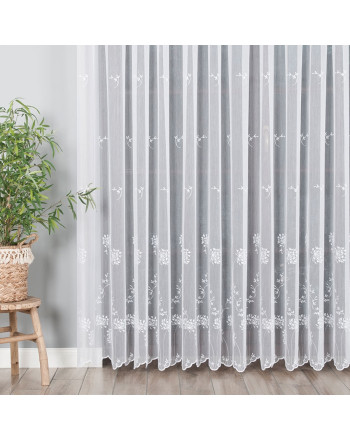 Firana haftowana w kwiatowy wzór na taśmie marszczącej, wysokość do 280 cm, kolor biały - szyta na wymiar 