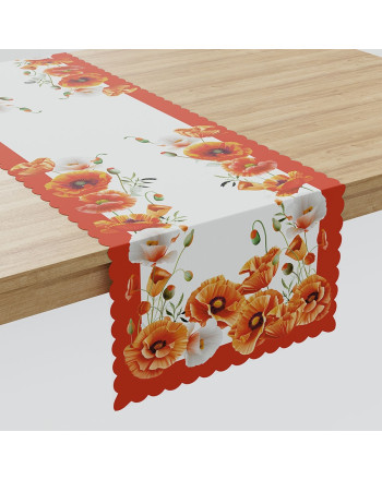 Bieżnik wodoodporny z motywem czerwonych maków i ozdobnym pasem, rozmiar 38x140 cm