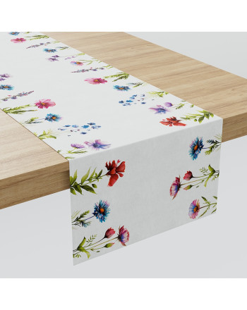 Bieżnik welurowy, kolor biały z nadrukiem, rozmiar 38x160 cm, Kwiaty polne