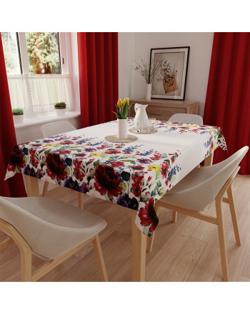Obrus z białej tkaniny wodoodpornej z nadrukiem kolorowych kwiatów, wykończony listwą, rozmiar 140x180 cm, Jolanda