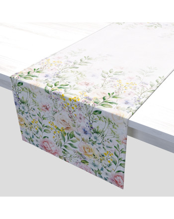 Bieżnik z białej tkaniny wodoodpornej ozdobiony nadrukiem kolorowych kwiatów i roślin, wykończony listwą, rozmiar 38x160 cm, Wiosenny ogród