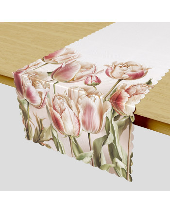 Bieżnik z tkaniny wodoodpornej, kolor biały z nadrukiem, wykończony chmurką, rozmiar  38x140 cm, TULIPAN 