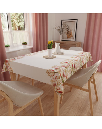 Obrus białej tkaniny wodoodpornej z kolorowym nadrukiem, rozmiar 140x180 cm, Tulipan