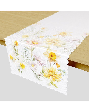 Bieżnik wodoodporny z nadrukiem, kolorystyka biało-żółta, rozmiar 38x140 cm, Wiosenna polana