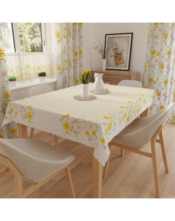 Obrus gotowy wodoodporny z nadrukiem, kolorystyka beżowo-żółto-biała, rozmiar 140x180 cm, Wiosenna polana
