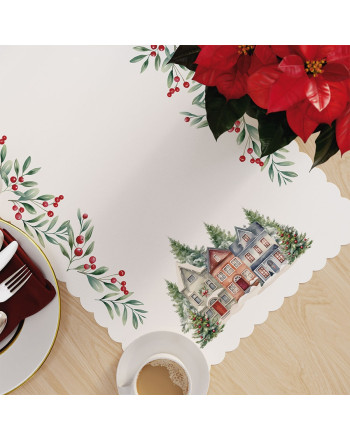 Bieżnik tkaniny wodoodpornej w kolorze białym ozdobiony świątecznym nadrukiem, rozmiar 60x120 cm, Zimowe miasteczko