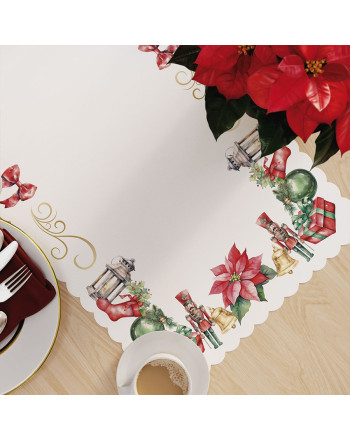 Biały bieżnik świąteczny 60x120 cm z nadrukiem Dziadków do Orzechów i złotymi detalami, wykończenie w fale