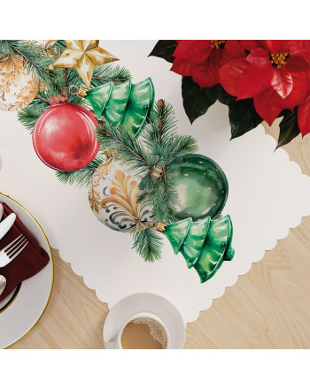 Bieżnik z białej tkaniny wodoodpornej z kolorowym świątecznym nadrukiem, rozmiar 60x120 cm, Bombki