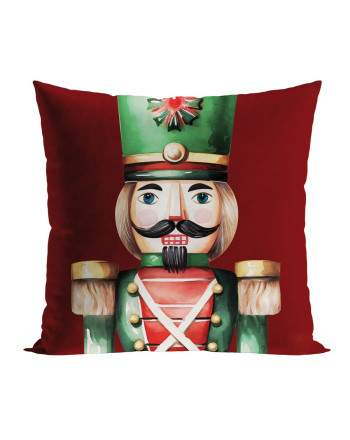 Poszewka dekoracyjna z welwetu ze świątecznym nadrukiem, kolorystyka czerwona, rozmiar 45x45 cm, Dziadek do orzechów