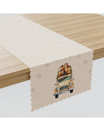 Bieżnik z tkaniny wodoodpornej, w tonacji bezowej, świąteczny nadruk, rozmiar 38x140 cm, Vintage samochód