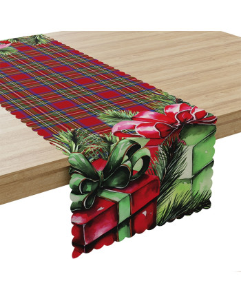 Bieżnik z tkaniny wodoodpornej w tonacji czerwonej ze świątecznym wzorem, rozmiar 38x140 cm, Prezenty