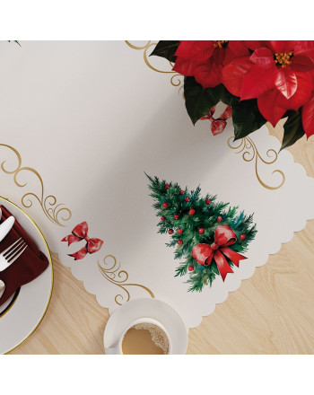 Bieżnik biały z tkaniny wodoodpornej ze świątecznym nadrukiem, rozmiar 50x100 cm, Choinka z kokardą