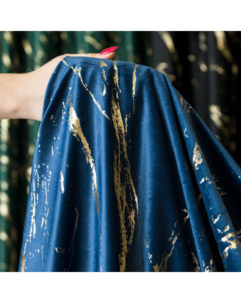 Welwetowy materiał na zasłony ze złotym nadrukiem, kolor granatowy, wysokość 300 cm, Marma - sprzedawany na metry
