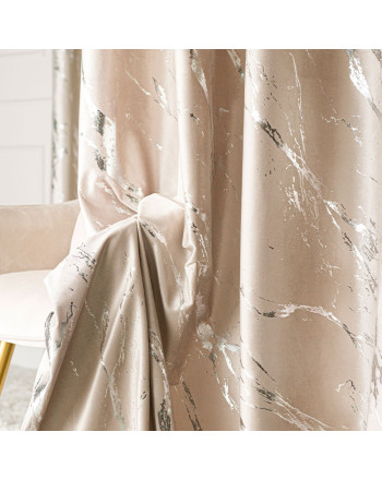 Welwetowy materiał na zasłony ze srebrnym marmurowym nadrukiem, kolor ciemny kremowy, wysokość 300 cm, Marma - sprzedawany na metry