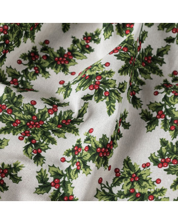 Tkanina świąteczna, szerokość 140 cm, kolor biały z girlandami ostrokrzewu