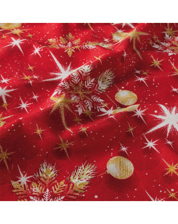 Czerwona tkanina świąteczna z nadrukiem złotych bombek, gwiazdek i śnieżynek – idealna na dekoracje bożonarodzeniowe