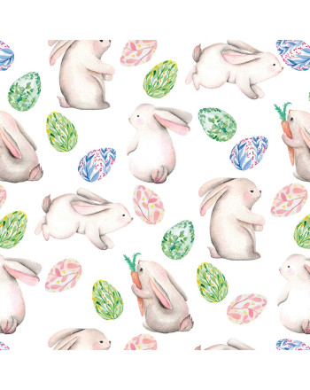 Bawełniany materiał na zasłony lub obrusy ze świątecznym nadrukiem, szerokość 140 cm, Wielkanocne króliki - sprzedawany na metry