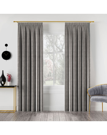 Welwetowa zasłona gotowa na taśmie Velvi, kolor jasny szary, dostępna w kilku rozmiarach 