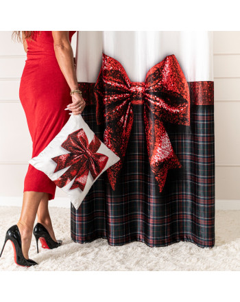Gotowa zasłona świąteczna welwetowa w kratę z kokardą 3D, rozmiar 140x250 cm, Brokatowa Kokarda