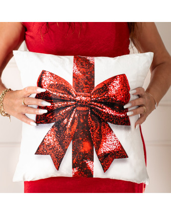 Poszewka welwetowa z świątecznym nadrukiem 3D, rozmiar 40x40 cm, Brokatowa kokarda