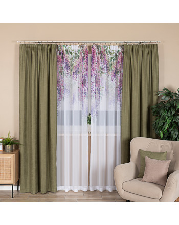 Firana gotowa z woalu na taśmie z kwiatowym nadrukiem na samej górze, rozmiar 140x250 cm, Wisteria