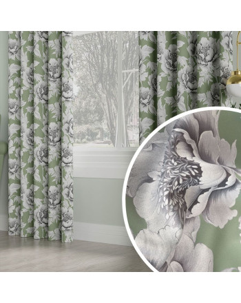 Zasłona zaciemniająca typu blackout na taśmie, kolor zielony z kwiatowym nadrukiem, Colette - szyta na wymiar