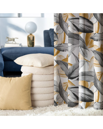 Welurowa zasłona na taśmie drukowana w liście musztardowo-szara Peruga - szyta na wymiar