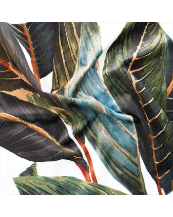 Materiał welwetowy na zasłony, biały drukowany w liście w odcieniu zielonym, szerokość 150 cm, Adison - sprzedawany na metry