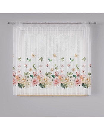 Krótka firanka woal z ołowianką na taśmie, w drukowane różnokolorowe róże, Atena - szyta na wymiar