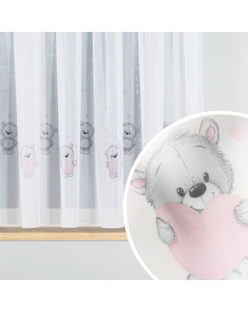 Firanka dziecięca woalowa z ołowianką, kolor biały z nadrukiem szaro-różowym, wysokość 157 cm, Misiaki - sprzedawana na metry