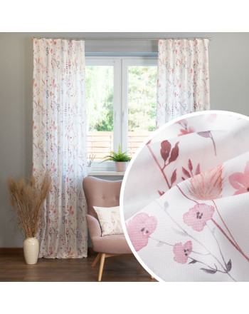 Materiał na zasłony, biały z kolorowym nadrukiem polnych kwiatów, szerokość 140 cm, Alana - sprzedawana na metry