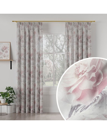 Dekoracyjna zasłona z etaminy na taśmie z różanym wzorem, kolor pastelowy różowy - szyta na wymiar
