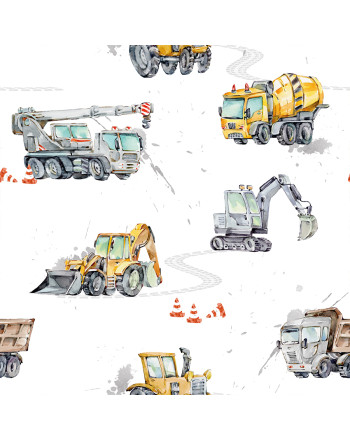 Tkanina zasłonowa drukowana, kolor żółto-szary, szerokość 140 cm, Pojazdy - sprzedawana na metry