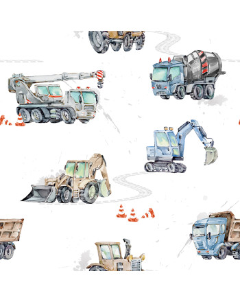 Tkanina zasłonowa drukowana, kolor niebiesko-szary, szerokość 140 cm, Pojazdy - sprzedawana na metry