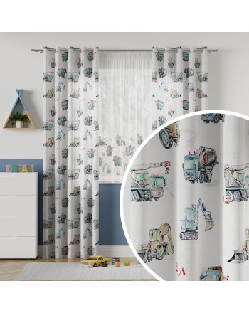 Zasłona do pokoju dziecięcego Pojazdy, na przelotkach, szerokość 130 cm, niebiesko-szary nadruk - szyta na wymiar
