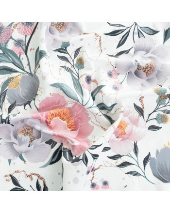 Welwetowy materiał na zasłony, biały drukowany w kwiaty, szerokość 150 cm, Flaura - sprzedawany na metry