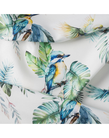 Tkanina zasłonowa z nadrukiem w  kolorowe ptaki, zielone liście, szerokość 140 cm, Felipa - sprzedawana na metry