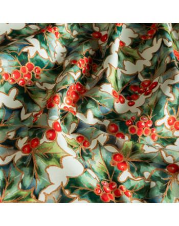 Tkanina zasłonowa drukowana, kolor zielono-czerwony, szerokość 150 cm, Ostrokrzew - sprzedawana na metry